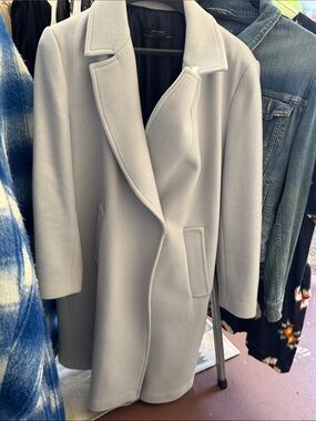 Zara Pale Gray Wool-Blend Single-Breasted Trench Coat